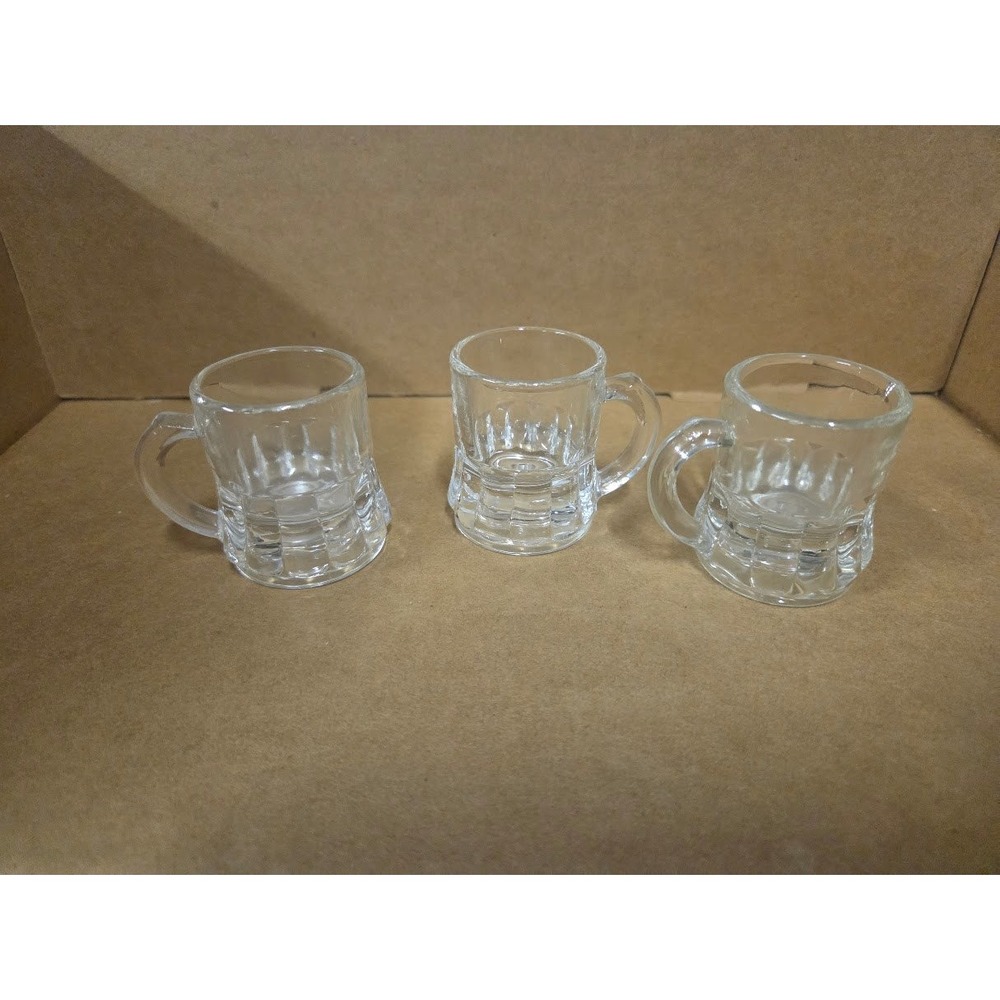 Set of 3 Federal Glass Mini Beer Mug Shot Glasses Clear Paneled 2 Inch Vintage